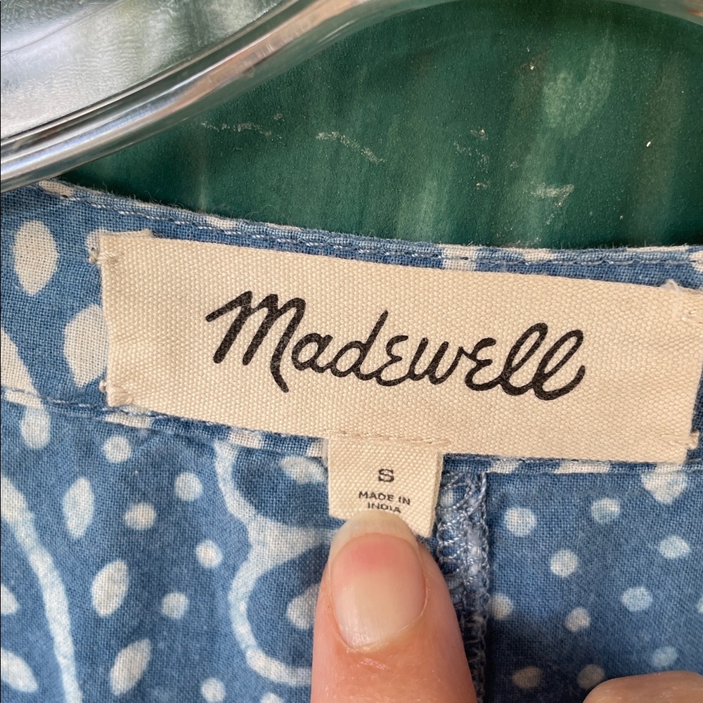 Madewell Indigo Block Print Button Front Balloon Sleeve Mini Dress, Size S - Picture 5 of 6
